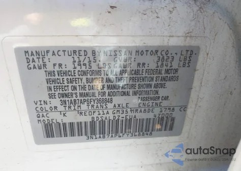 2015 Nissan Sentra Sv z USA, uszkodzony, nr VIN 3N1AB7AP6FY368848